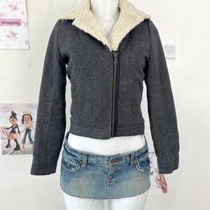 Y2K Grey Tweed Sherpa Biker Jacket Cropped — Indie Grunge / Vintage Coat